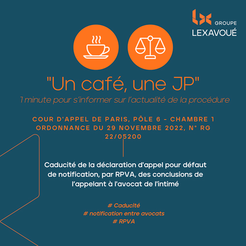 Un café une JP - Caducité de la déclaration d'appel pour défaut de notification, par RPVA, des conclusions de l’appelant à l'avocat de l'intimé